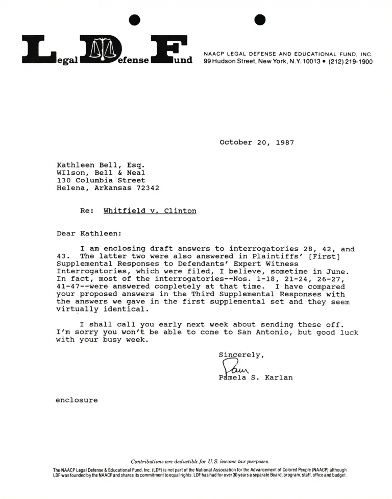Correspondence from Pamela Karlan to Kathleen Bell, Esq. Re Whitfield v. Clinton; Draft Answers to Interrogatories preview