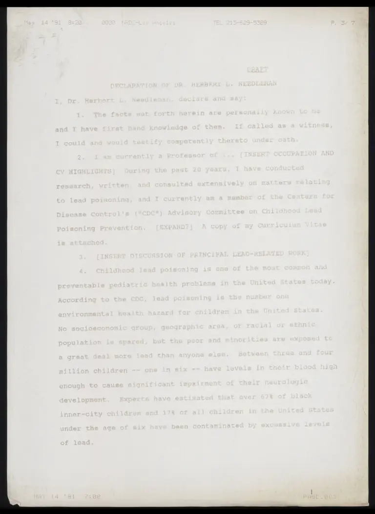 Draft Declaration of Dr. Herbert L. Needleman preview