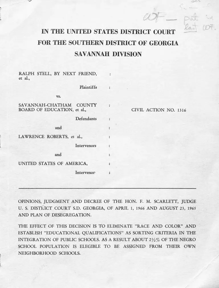 Stell v. Savannah-Chatham County Board of Education Order on Plan of Desegregation preview