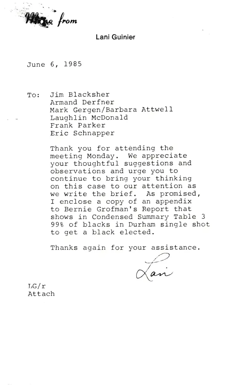 Correspondence from Guinier to Blacksher, Derfner, Gergen/Atwell, McDonald, Parker, and Schnapper preview