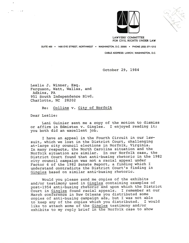Correspondence from Parker to Winner; Gingles v. Edmisten Court Opinion preview