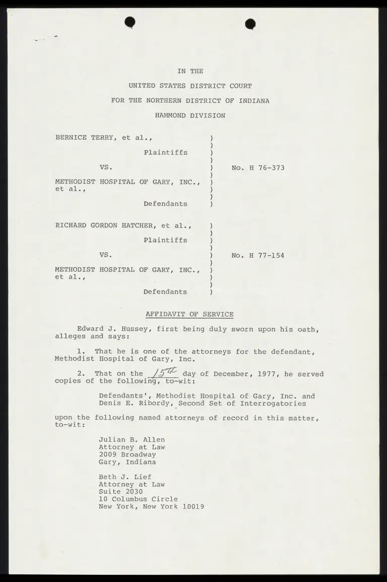 Affidavit of Service; Defendants Second Set of Interrogatories preview