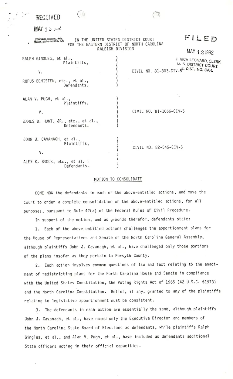 Gingles v. Edmisten and Pugh v. Hunt and Cavanagh v. Brock Motion to Consolidate preview