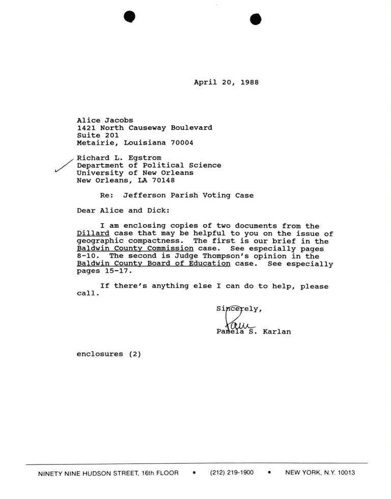 Correspondence from Pamela Karlan to Alice Jacobs and Prof. Richard L. Engstrom Re Jefferson Parish Voting Case preview