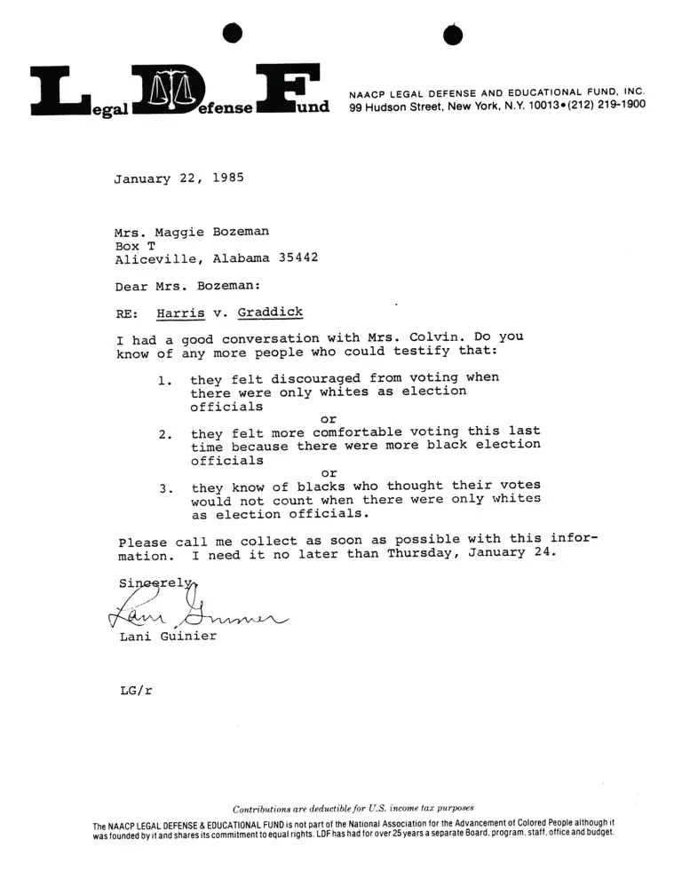 Correspondence from Lani Guinier to Maggie Bozeman Re Harris v. Graddick preview