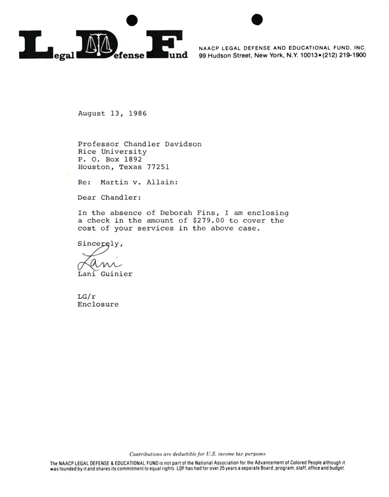 Correspondence from Lani Guinier to Prof. Chandler Davidson Re Martin v. Allain preview