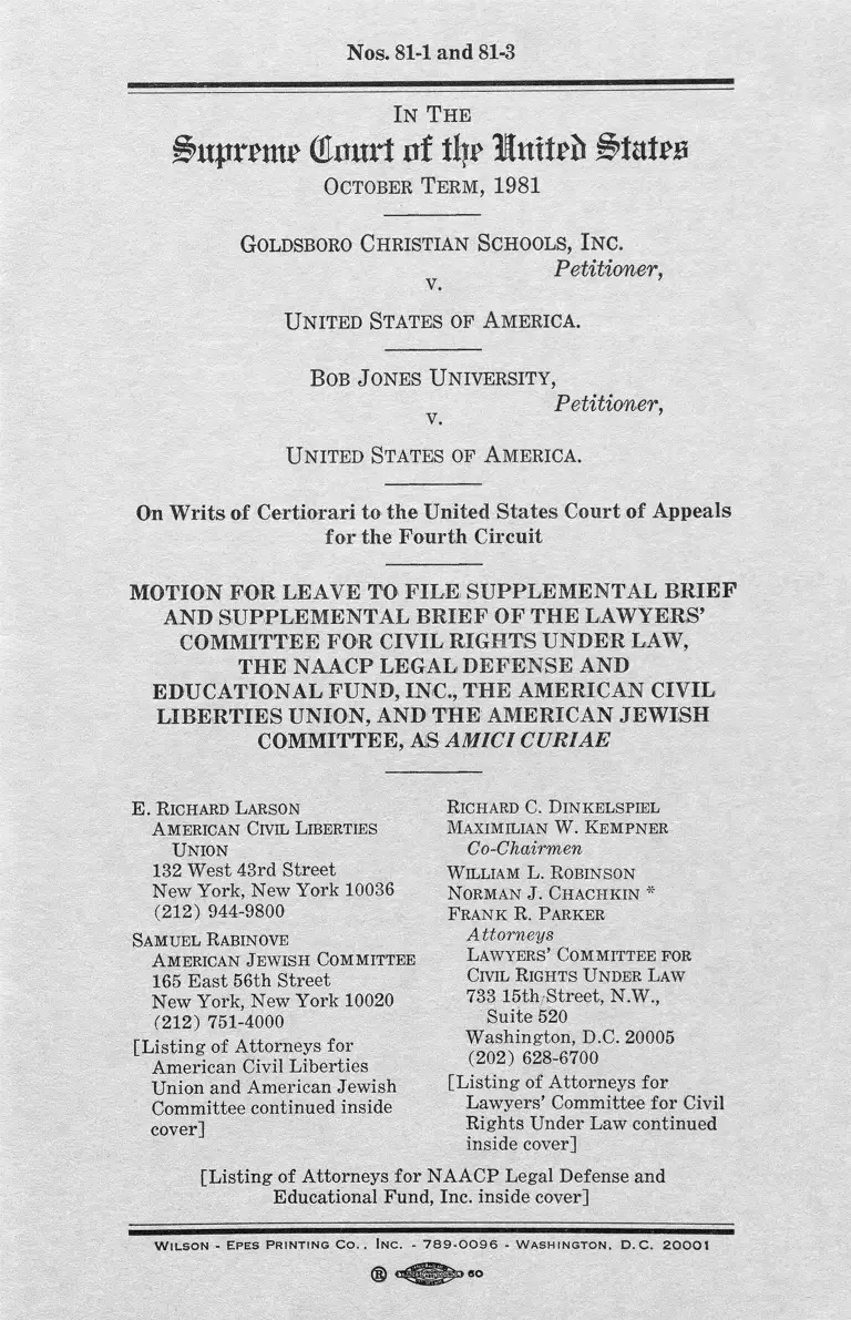 Goldsboro Christian Schools, Inc. v. United States Motion for Leave to File and Supplemental Brief Amici Curiae preview