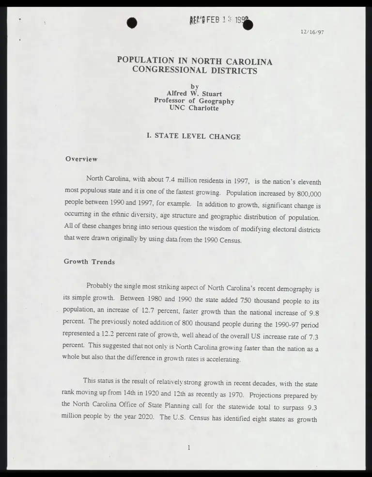 Population in North Carolina Congressional Districts by Professor Alfred W. Stuart preview