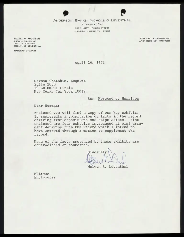 Correspondence from Leventhal to Chachkin Re: Exhibits; Interdependence of Public School Desegregation and Formation and Growth of Private Academies Chart preview