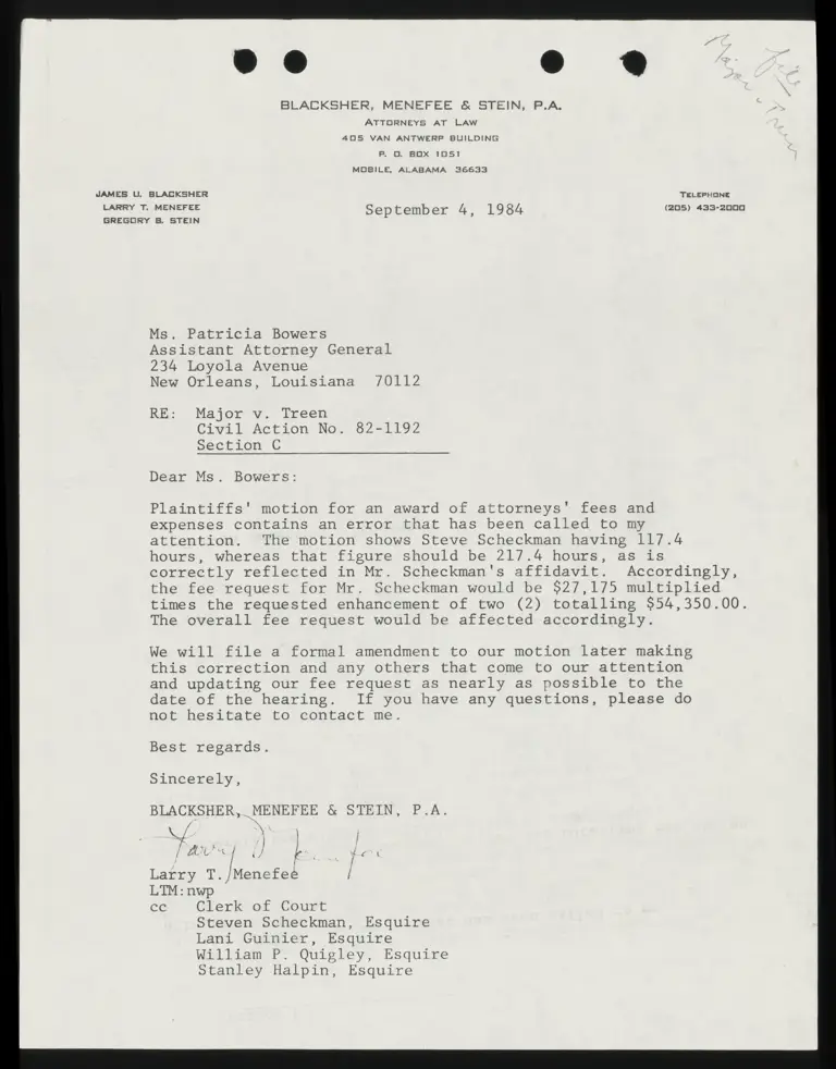 Correspondence from Menefee to Bowers preview