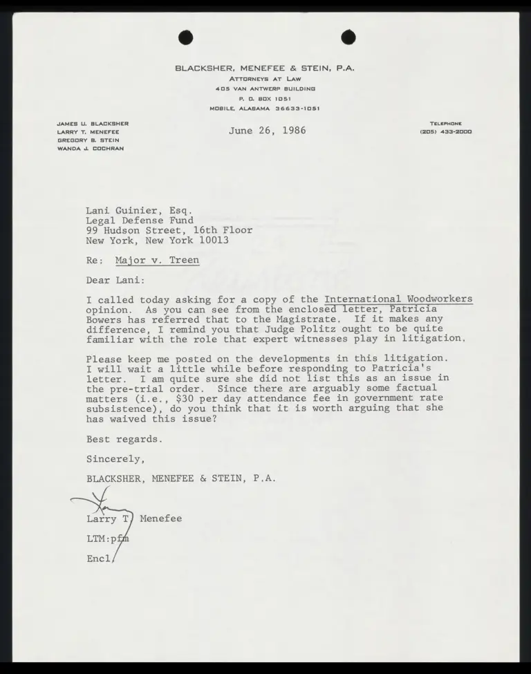Correspondence from Menefee to Guinier; from Guste (Attorney General) to Chasez (Magistrate); Intl. Woodworkers of America v. Champion International Corp. Motion for Reconsideration preview