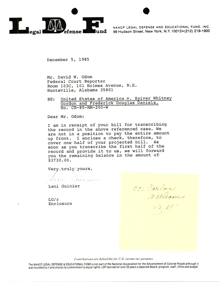 Correspondence from Lani Guinier to David W. Odom (Federal Court Reporter) Re: United States v. Spiver Gordon preview