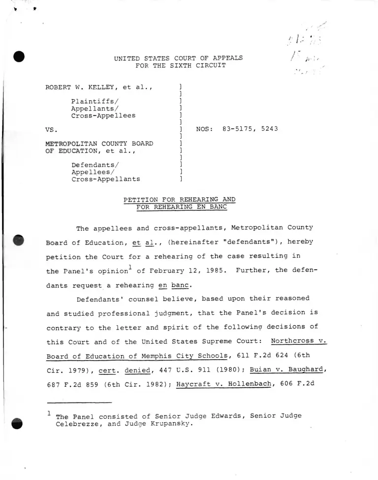 Kelley v. Metropolitan County Board of Education of Nashville and Davidson County, TN Petition for Rehearing and for Rehearing En Banc preview