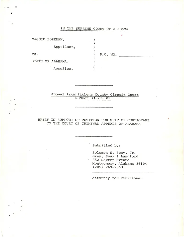 Brief in Support of Writ of Certiorari to the Court of Criminal Appeals of Alabama preview