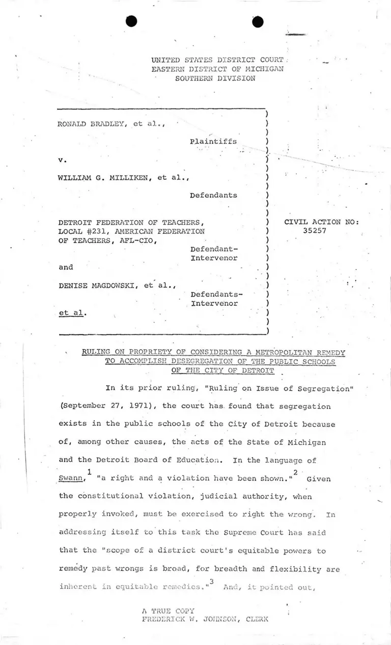 Ruling on Propriety of Considering a Metropolitan Remedy to Accomplish Desegregation of Detroit Public Schools preview