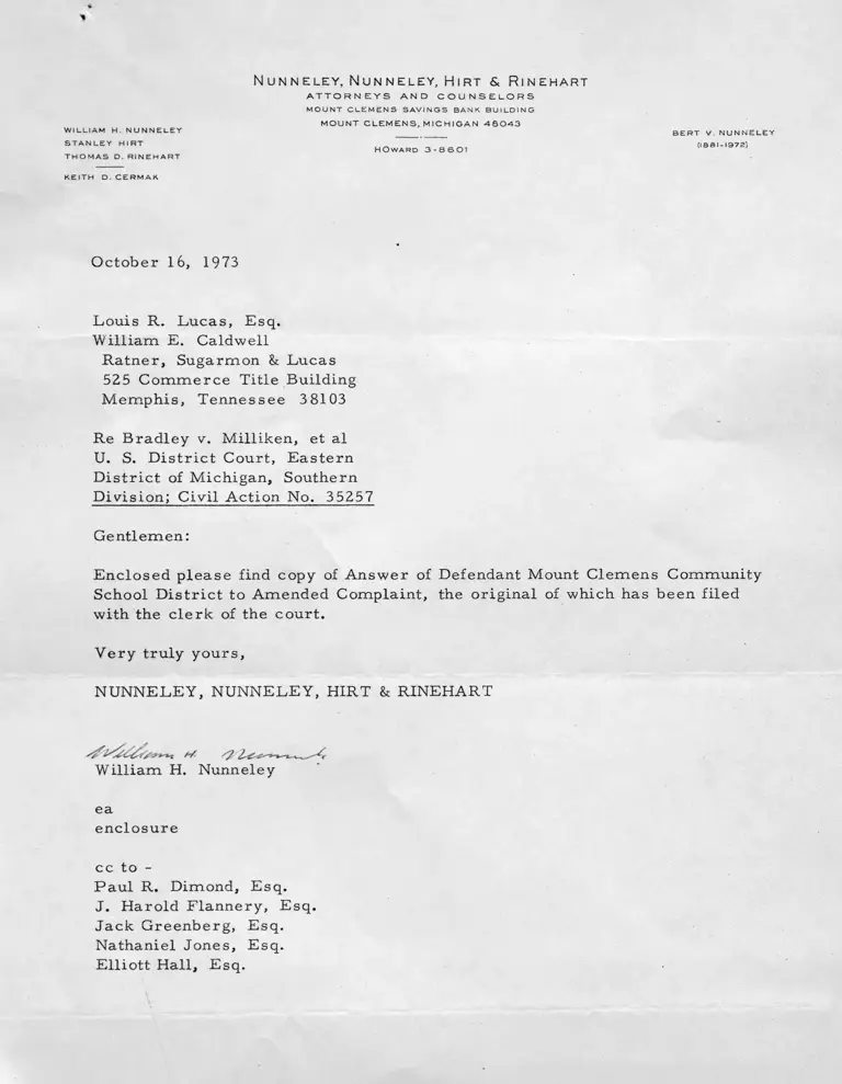 Letter from Nunneley to Lucas & Caldwell RE: Copy of Answer of Defendant to Amended Complaint preview