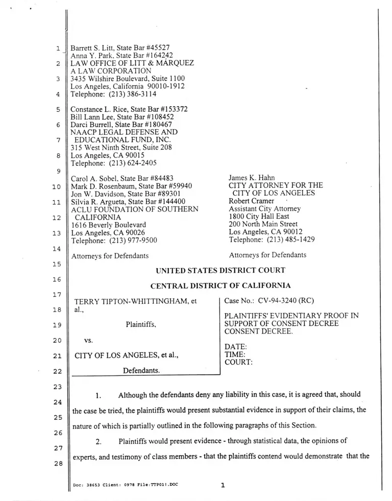 Tipton-Whittingham v. City of Los Angeles Plaintiffs' Evidentiary Proof in Support of Consent Decree preview