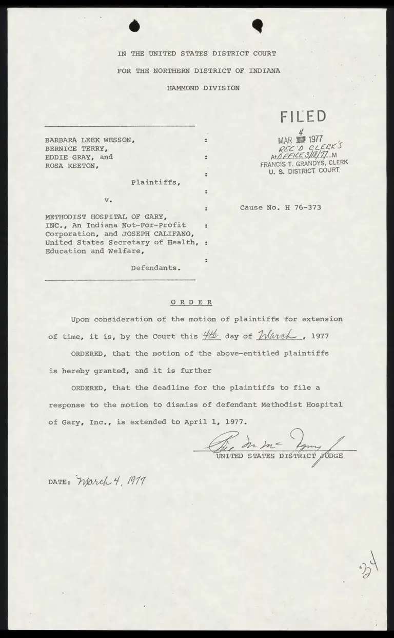 Order granting plaintiffs' motion for extension of time to file preview