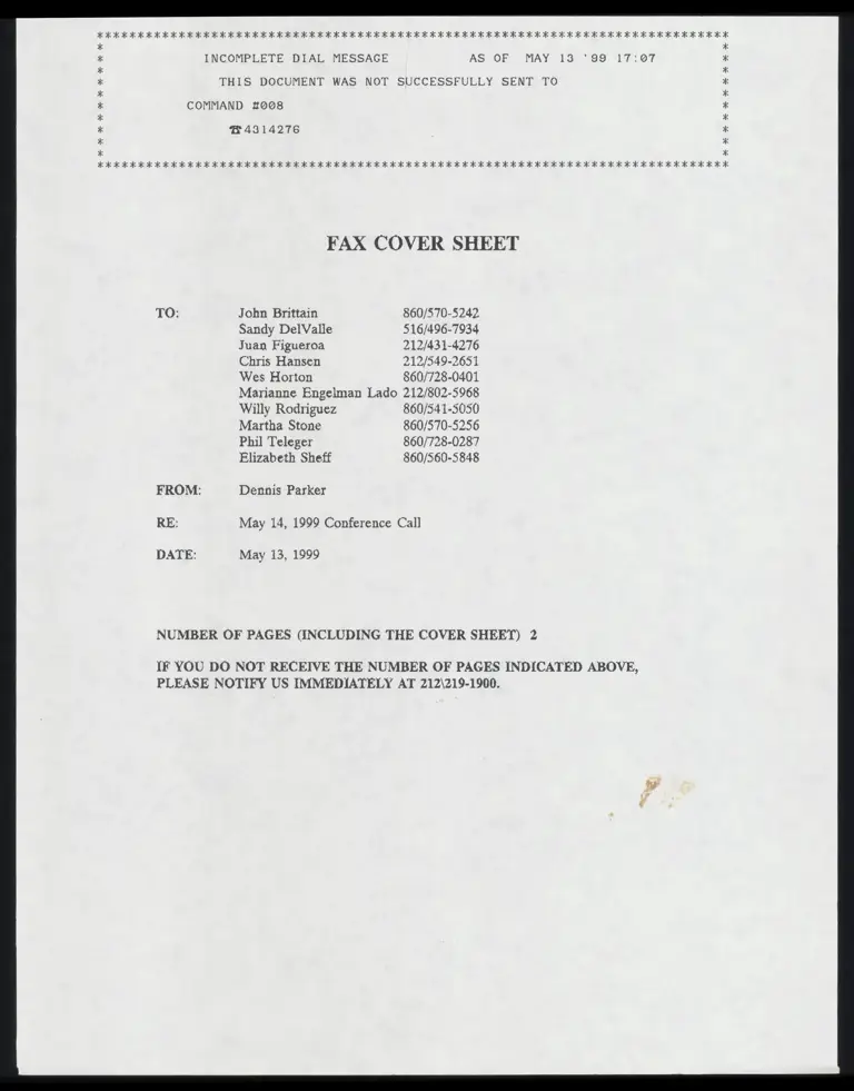 Fax Cover Sheet RE: Conference Call preview
