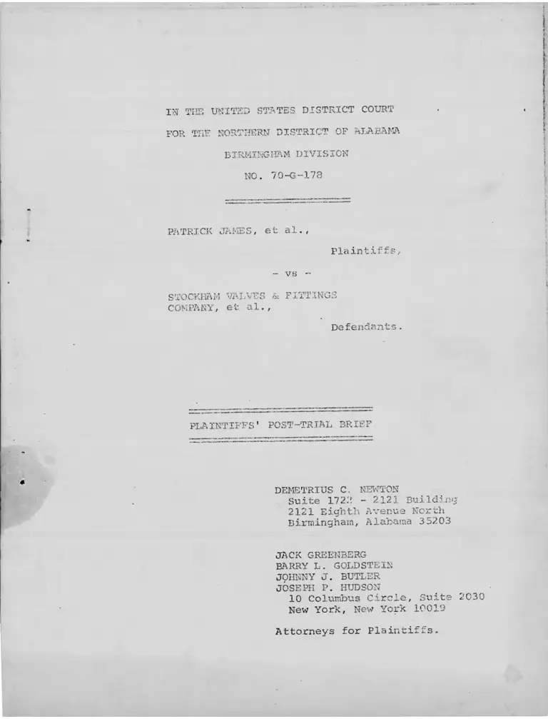 James v. Stockham Valves & Fittings Company Plaintiffs' Post-Trial Brief preview