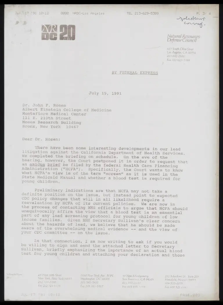 Correspondence from Reynolds to Rosen; Rosen to Sullivan; Perkins and Rosenbaum to Judge Lynch; Perkins to Van Wye; Perkins to File preview