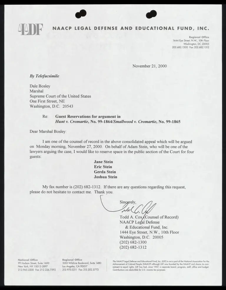 Correspondence from Cox to Court Marshal Re: Guest Reservations for Argument preview