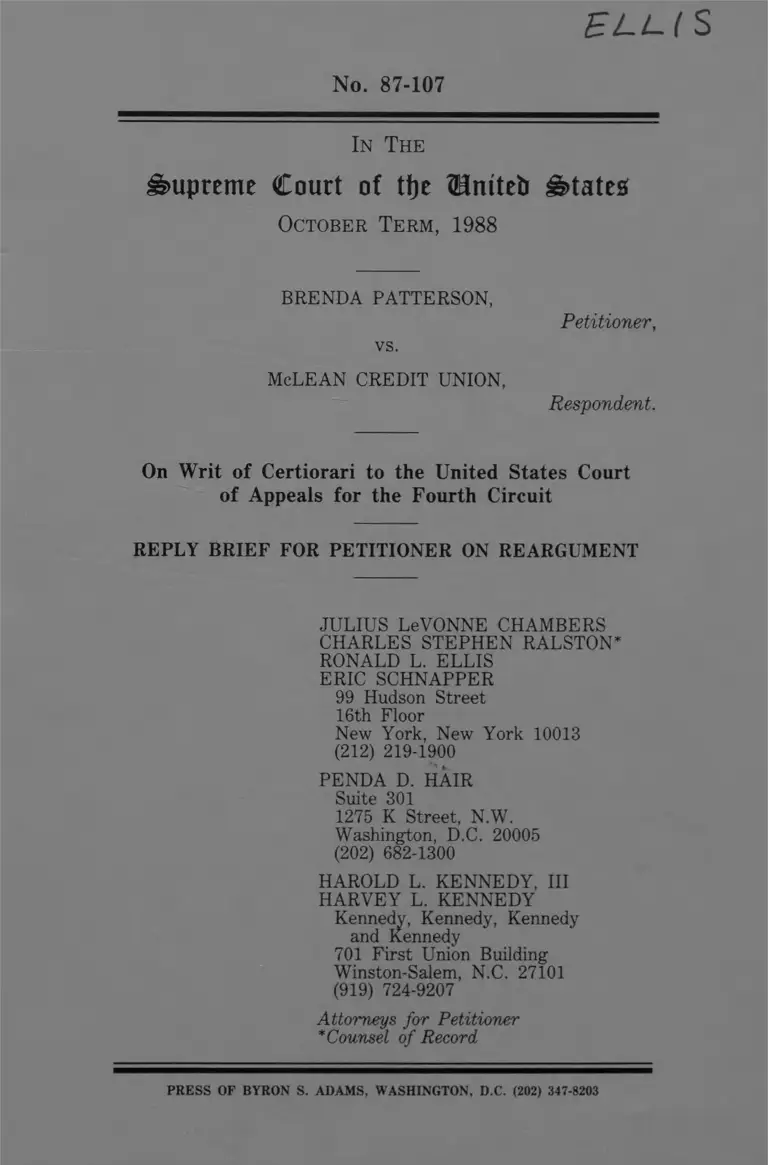 Patterson v. McLean Credit Union Reply Brief for Petitioner on Reargument preview