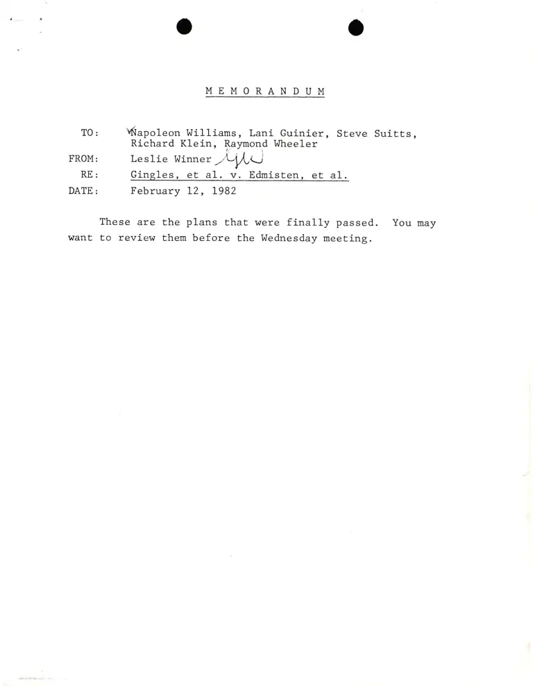 Memorandum from Winner to Williams, Guinier, Suitts, Klein, Wheeler; Trial District Plan Maps and Populations preview