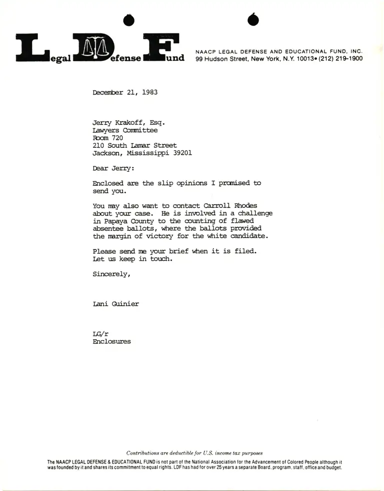 Correspondence from Lani Guinier to Jerry Krakoff (Lawyers Committee) preview