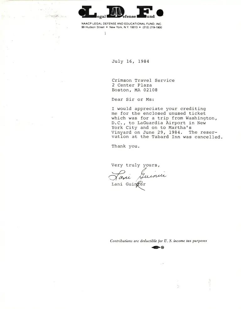 Letter from Lani Guinier to Crimson Travel Service preview
