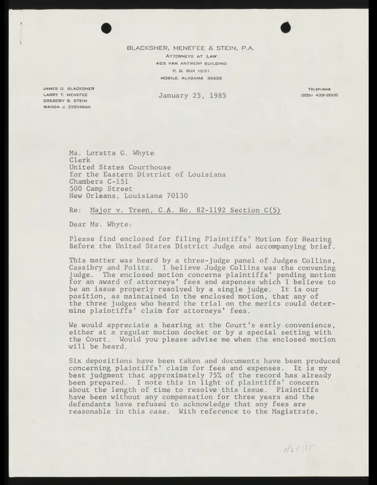 Correspondence from Menefee to Whyte (Clerk); Plaintiffs' Brief in Support of Motion for Hearing Before the United States District Judge; Hall v. Board of School Commissioners of Mobile County Order; Major v. Treen Plaintiffs' Motion for Hearing Before the United States District Judge preview