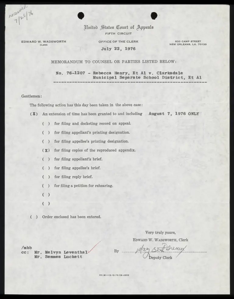 Memo from Clerk to Counsel Re: Filing Reproduced Appendix preview