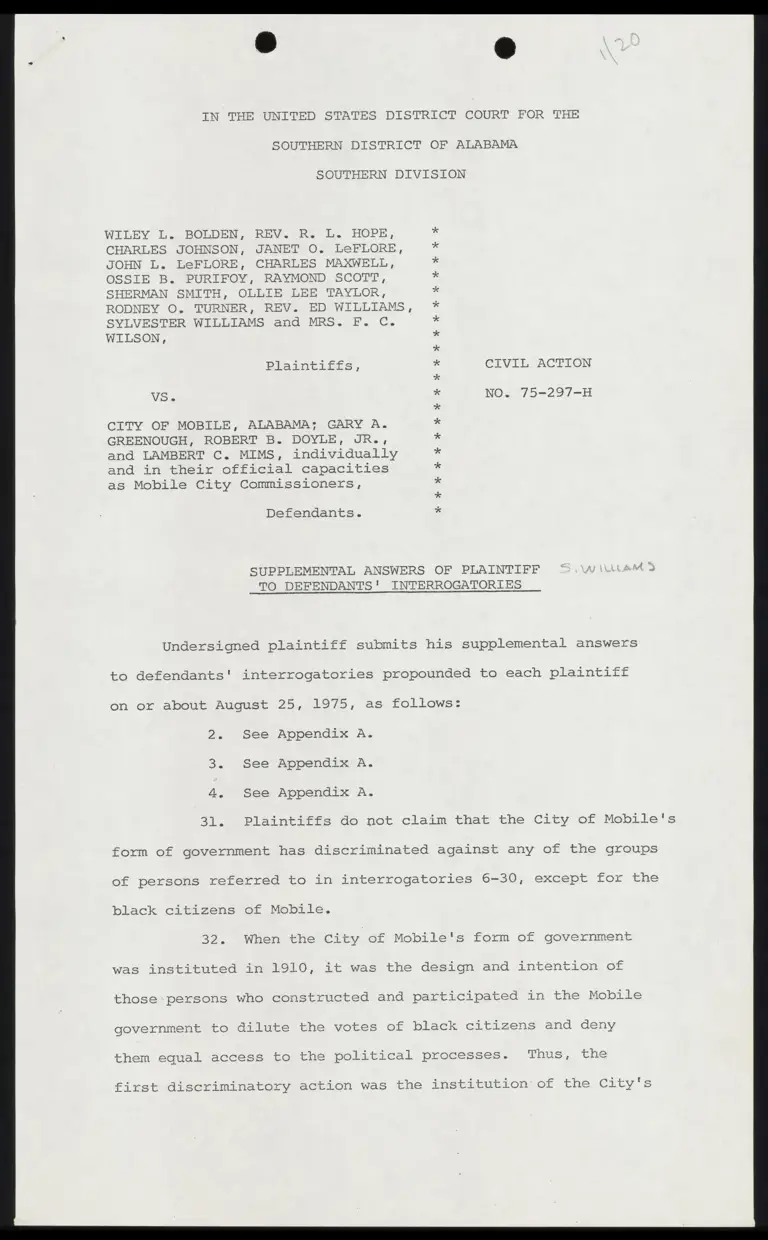 Supplemental Answers of Plaintiff S. Williams to Defendants' Interrogatories preview