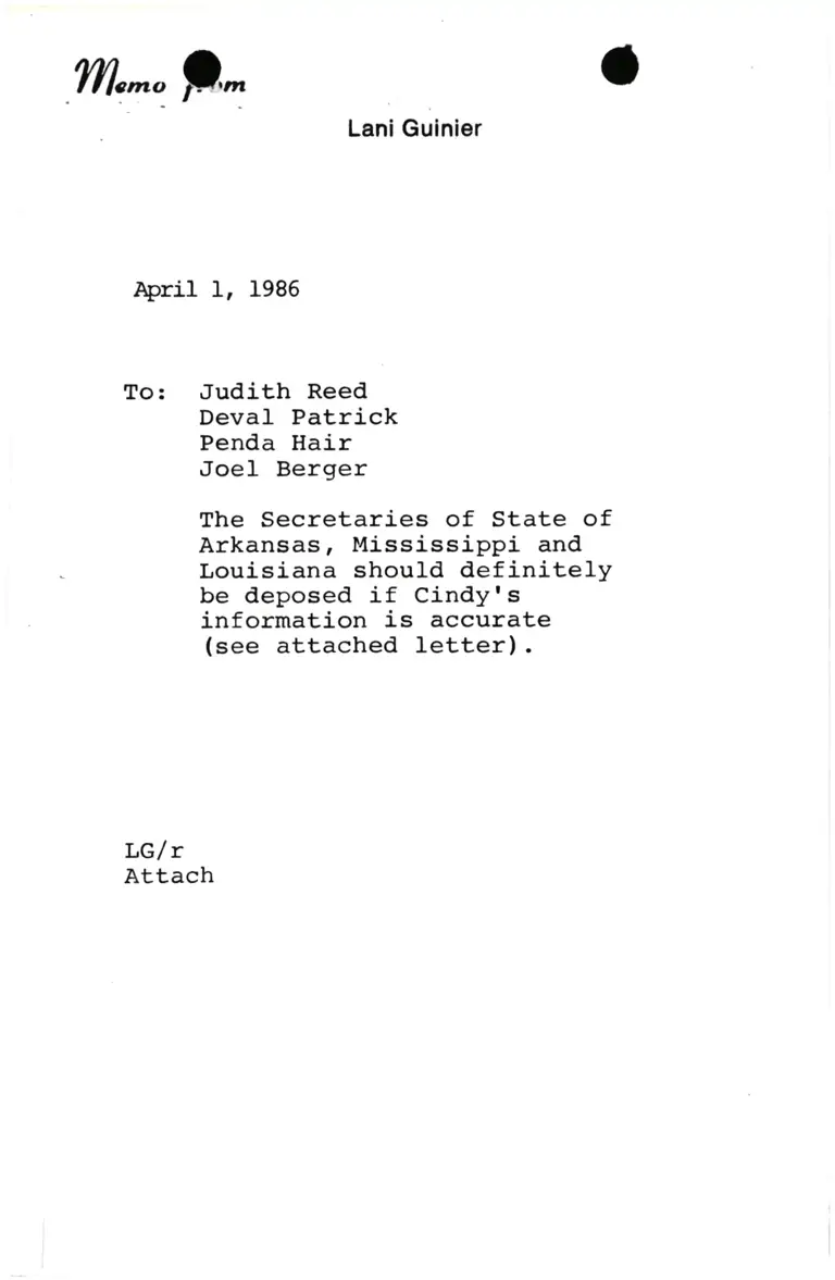 Memorandum from Lani Guinier to Judith Reed, Deval Patrick, Penda Hair, and Joel Berger preview