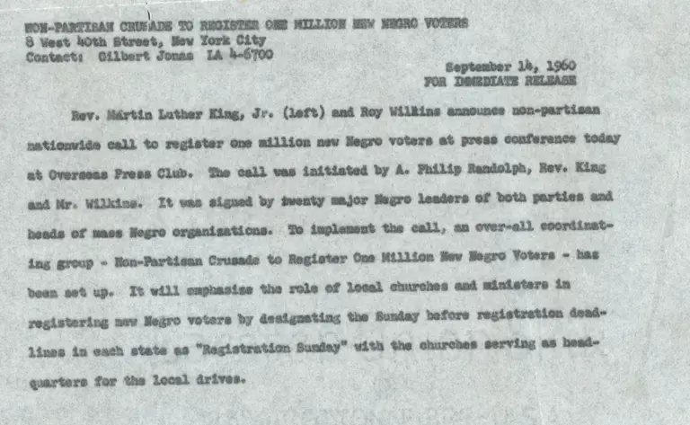 Crusade to Register One Million Negro Voters (Martin Luther King and Roy Wilkins) September 1960 - 1 of 1 (supplement) preview