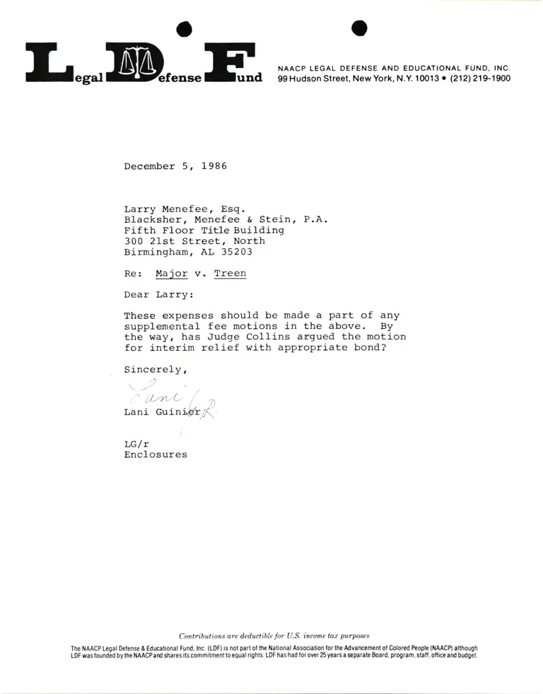 Correspondence from Lani Guinier to Larry Menefee Re Major v. Treen preview
