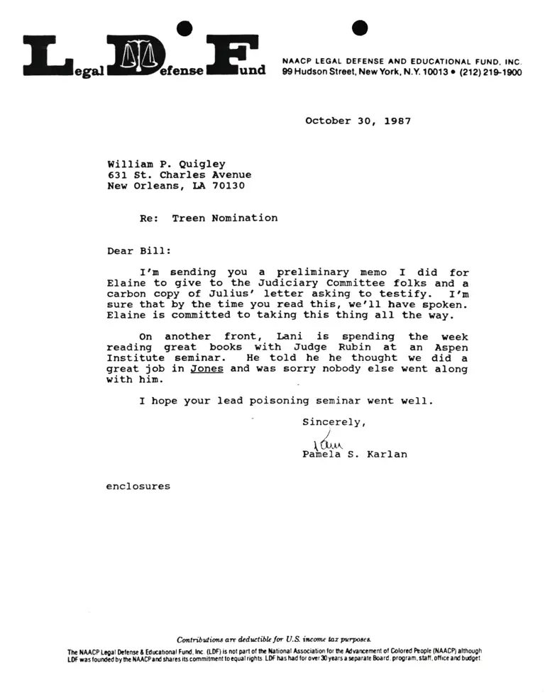 Correspondence from Pamela Karlan to William P. Quigley Re Treen Nomination preview