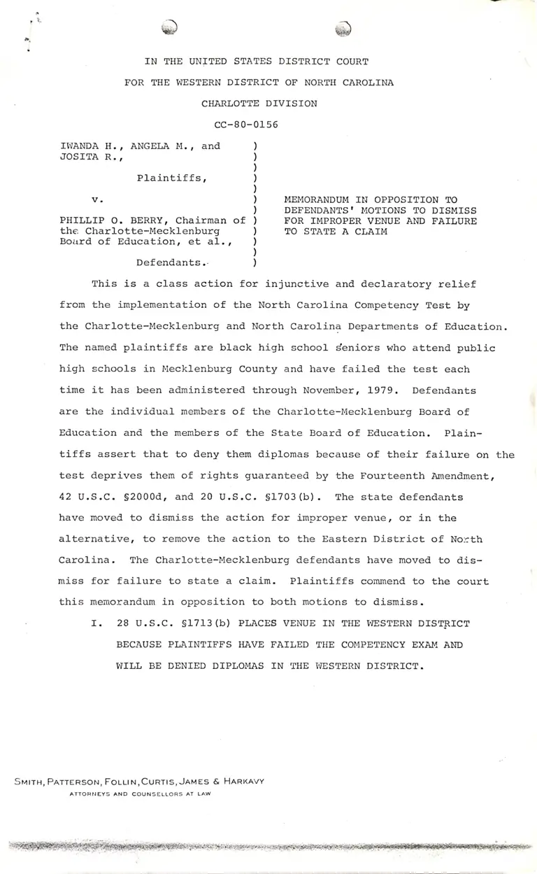 Iwanda v. Berry Memorandum in Opposition to Defendants' Motions to Dismiss for Improper Venue and Failure to State a Claim preview