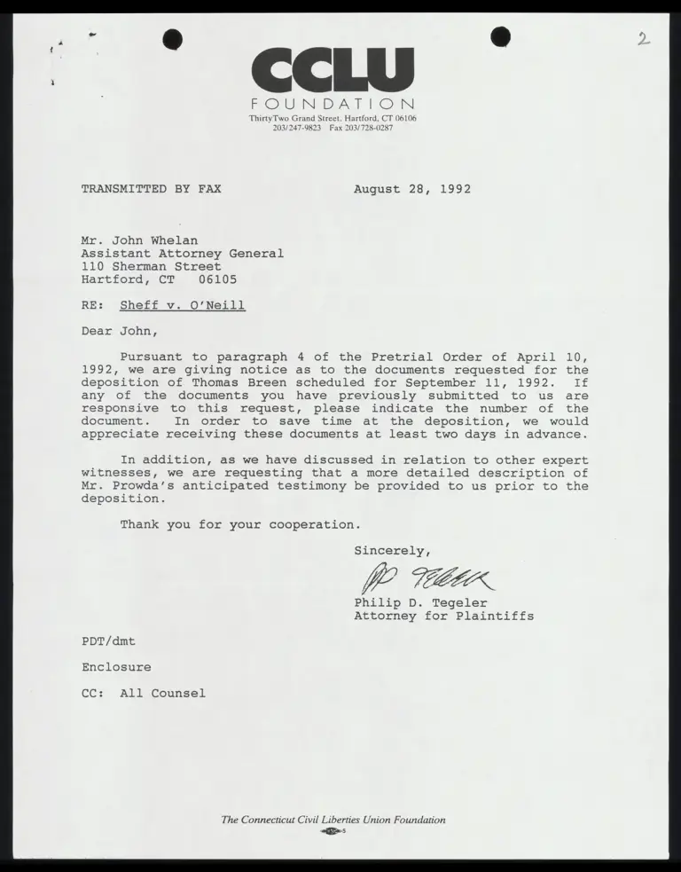 Letter to All Counsel RE: Documents Requested for Deposition of Thomas Breen with Attached Subpoena and Certificate of Service preview
