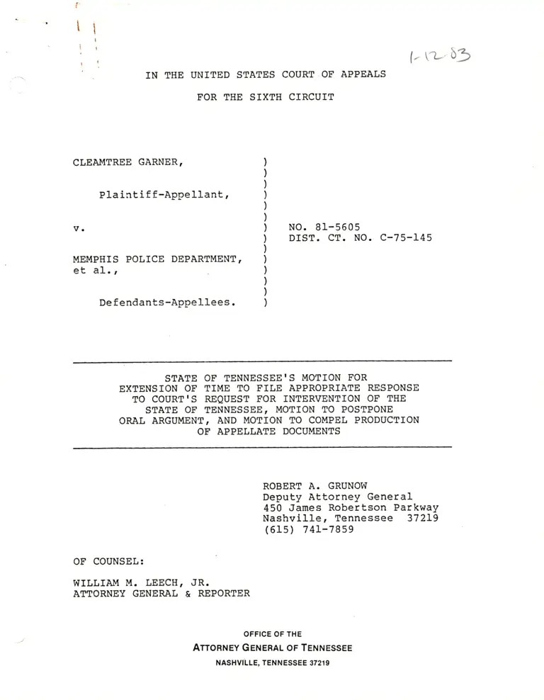 State of Tennessee's Motion for Extension of Time and to Postpone Oral Argument preview