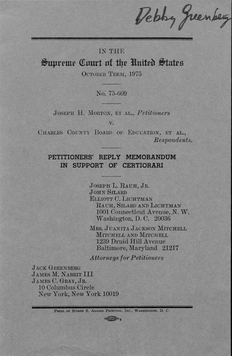 Morton v. Charles County Board of Education Petitioners' Reply Memorandum in Support of Certiorari preview