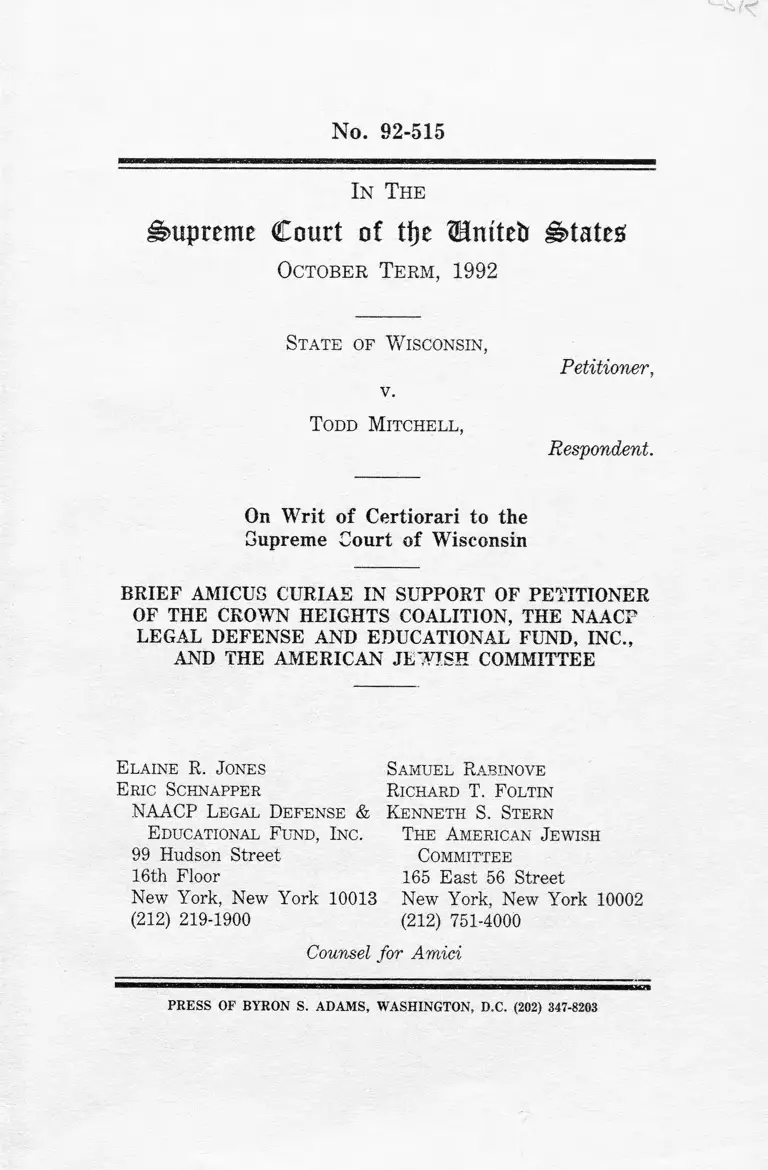 Wisconsin v. Mitchell Brief Amicus Curiae in Support of Petitioner preview