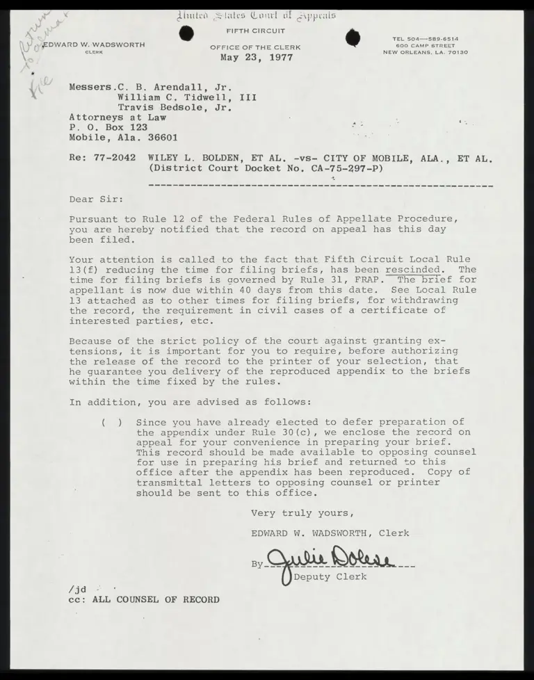 Notice to Counsel of Record RE: Time for Filing Briefs preview