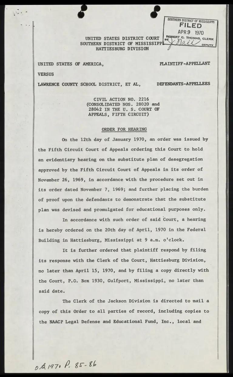 United States v. Lawrence County District Order for Hearing preview
