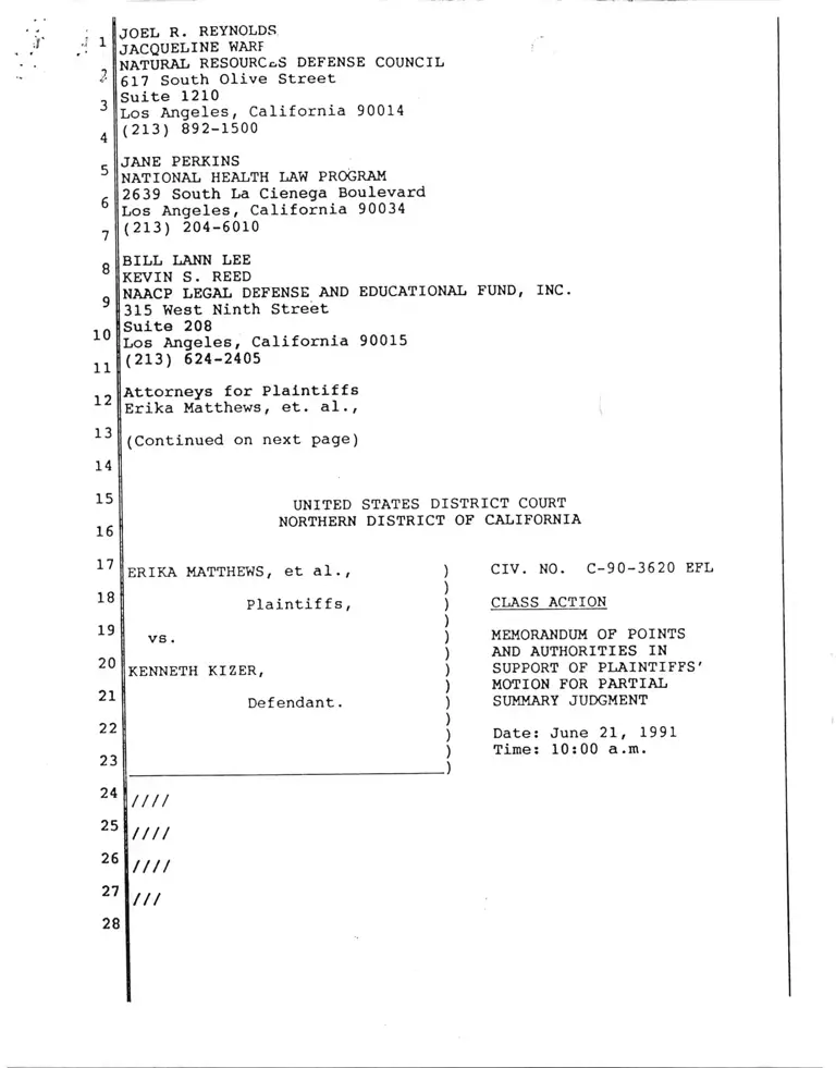 Matthews v. Kizer Memorandum of Points and Authorities in Support of Plaintiffs' Motion for Partial Summary Judgment preview