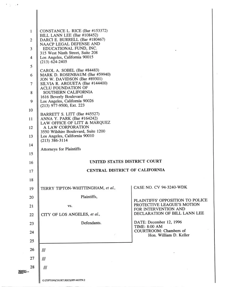 Tipton-Whittingham v. City of Los Angeles Plaintiff's Opposition to Motion for Intervention and Declaration preview