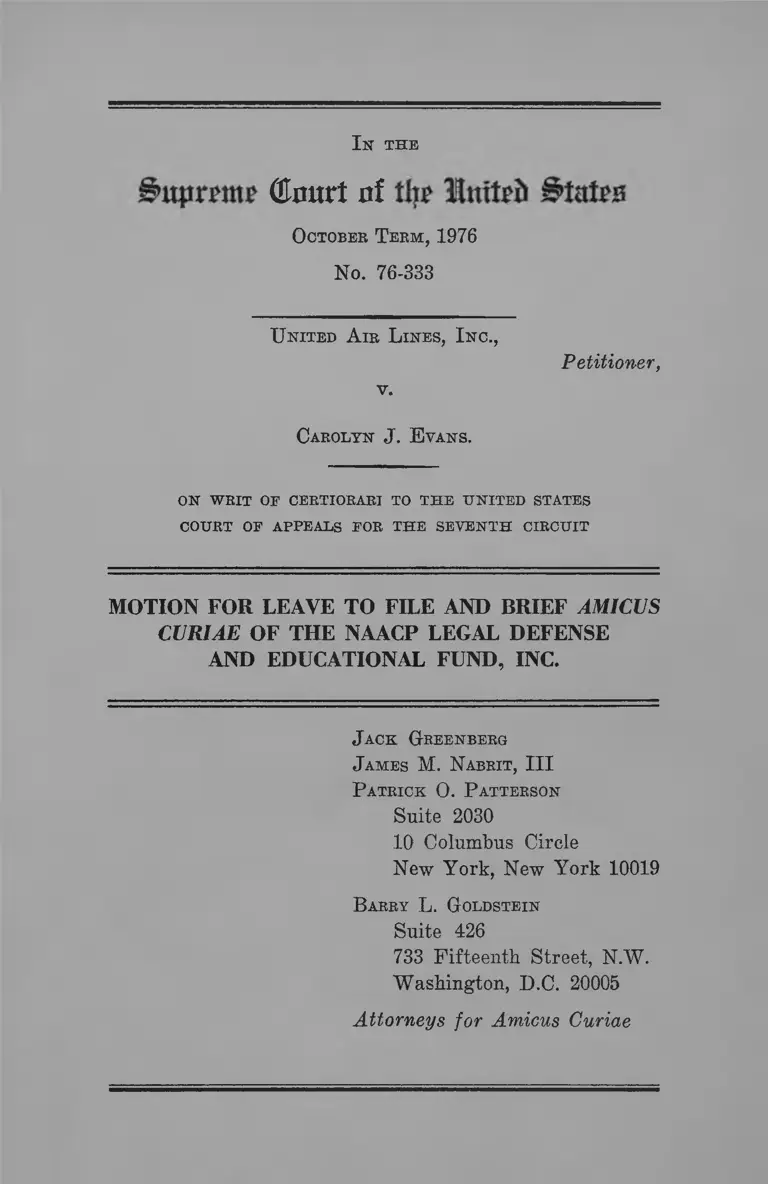 United Air Lines v. Evans Motion for Leave to File and Brief Amicus Curiae preview