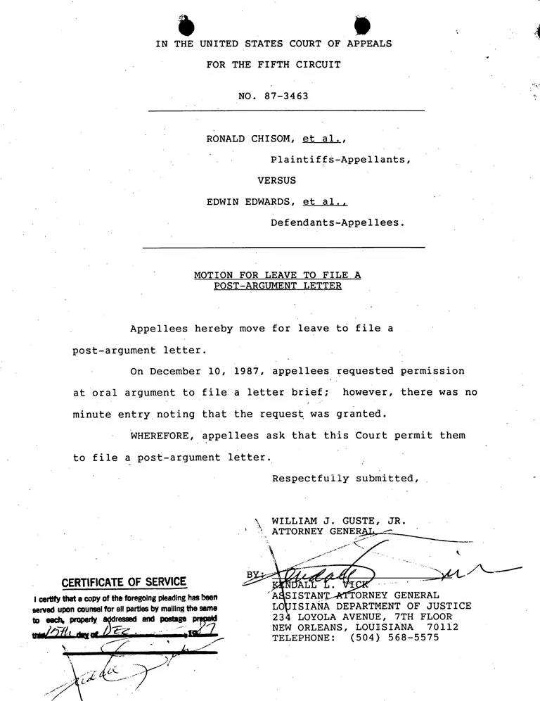 Motion for Leave to File a Post-Argument Letter; Correspondence from Guste to Judges Higginbotham, Johnson, and Brown preview