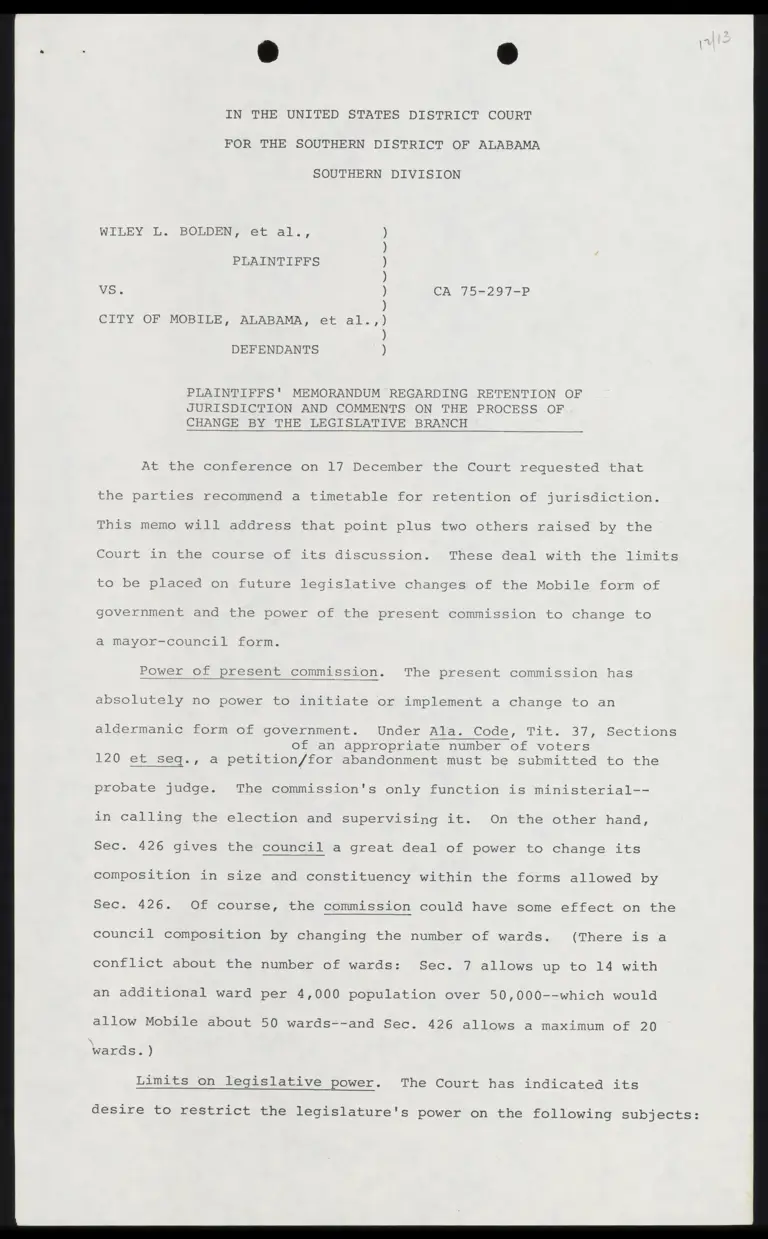 Plaintiffs' Memorandum Regarding Retention of Jurisdiction and Comments on the Process of Change by the Legislative Branch preview