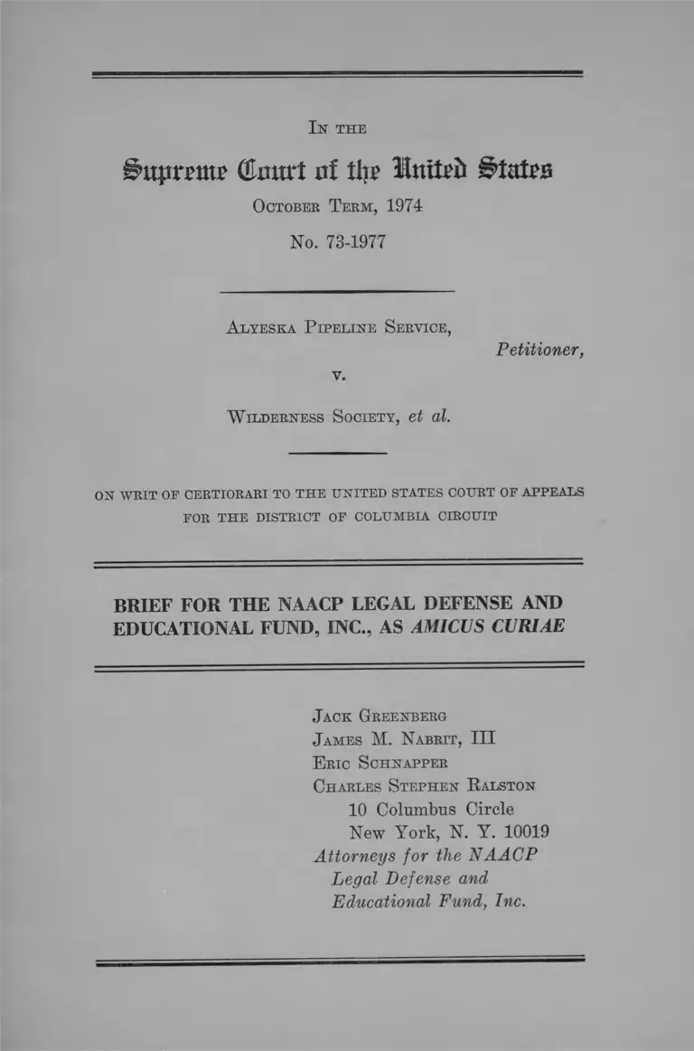 Alyeska Pipeline Service v Wilderness Society Brief Amicus Curiae preview